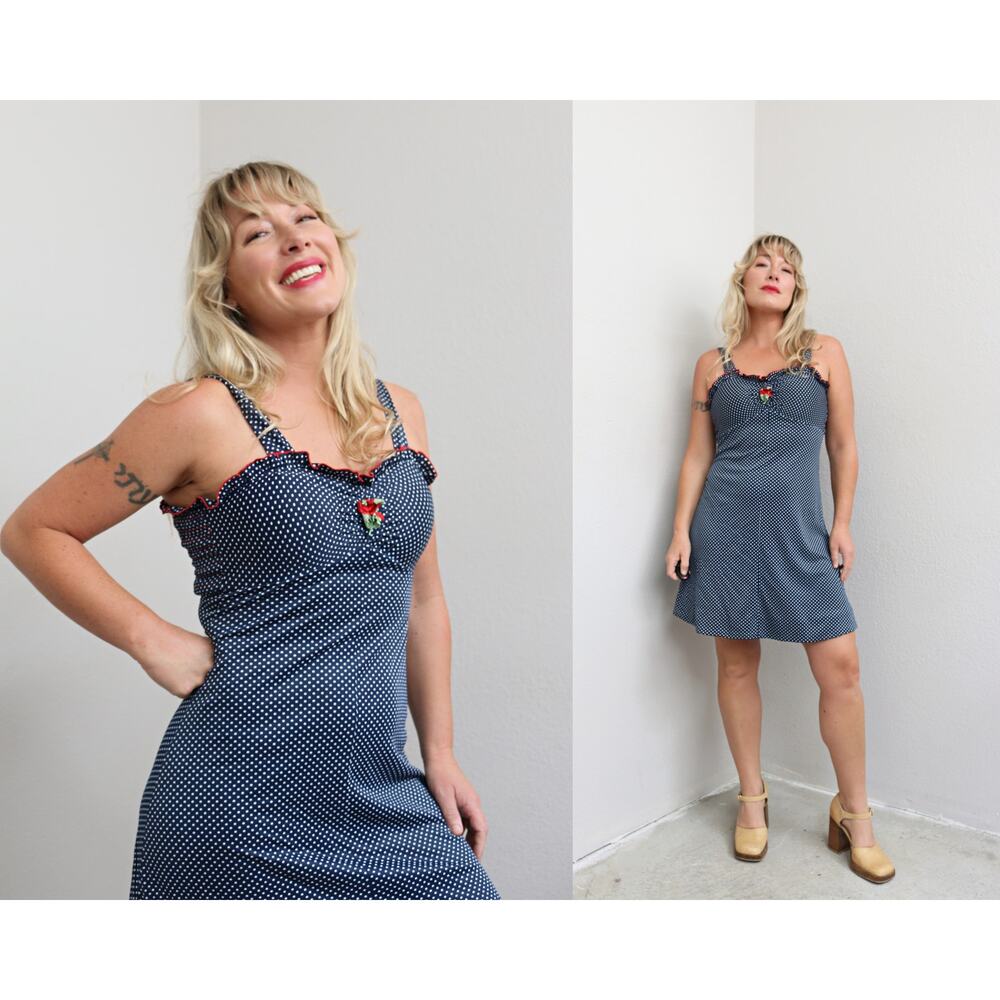 1970's Vintage Navy & Swiss Dot Mini Sundress 70's Retro Dress ~ Women's XXS XS